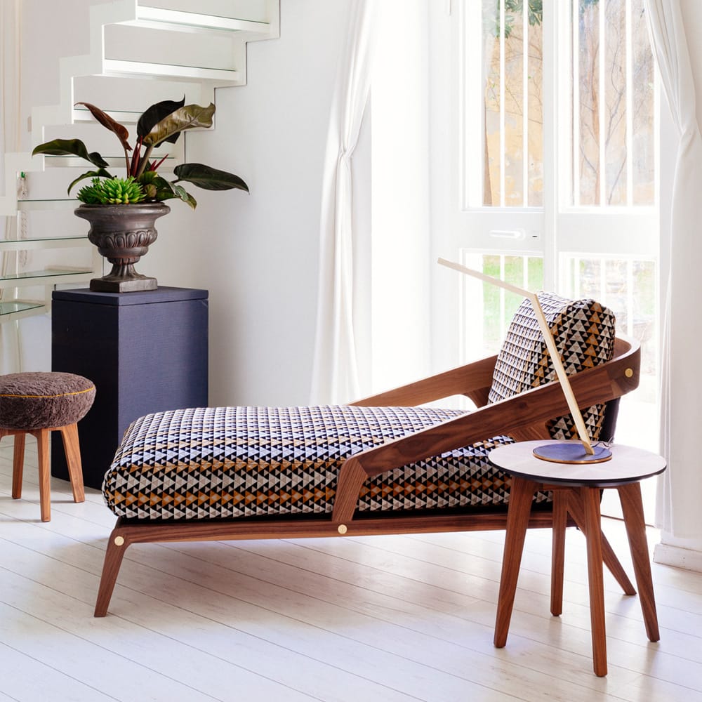 contemporary walnut frame chaise longue geometric fabric