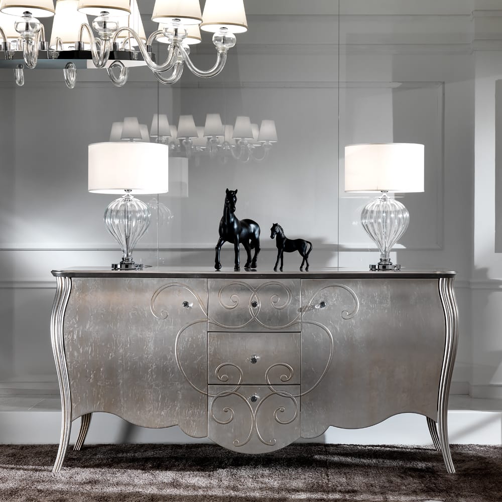 Impress the guests, classic shape buffet sideboard with silver leaf finish