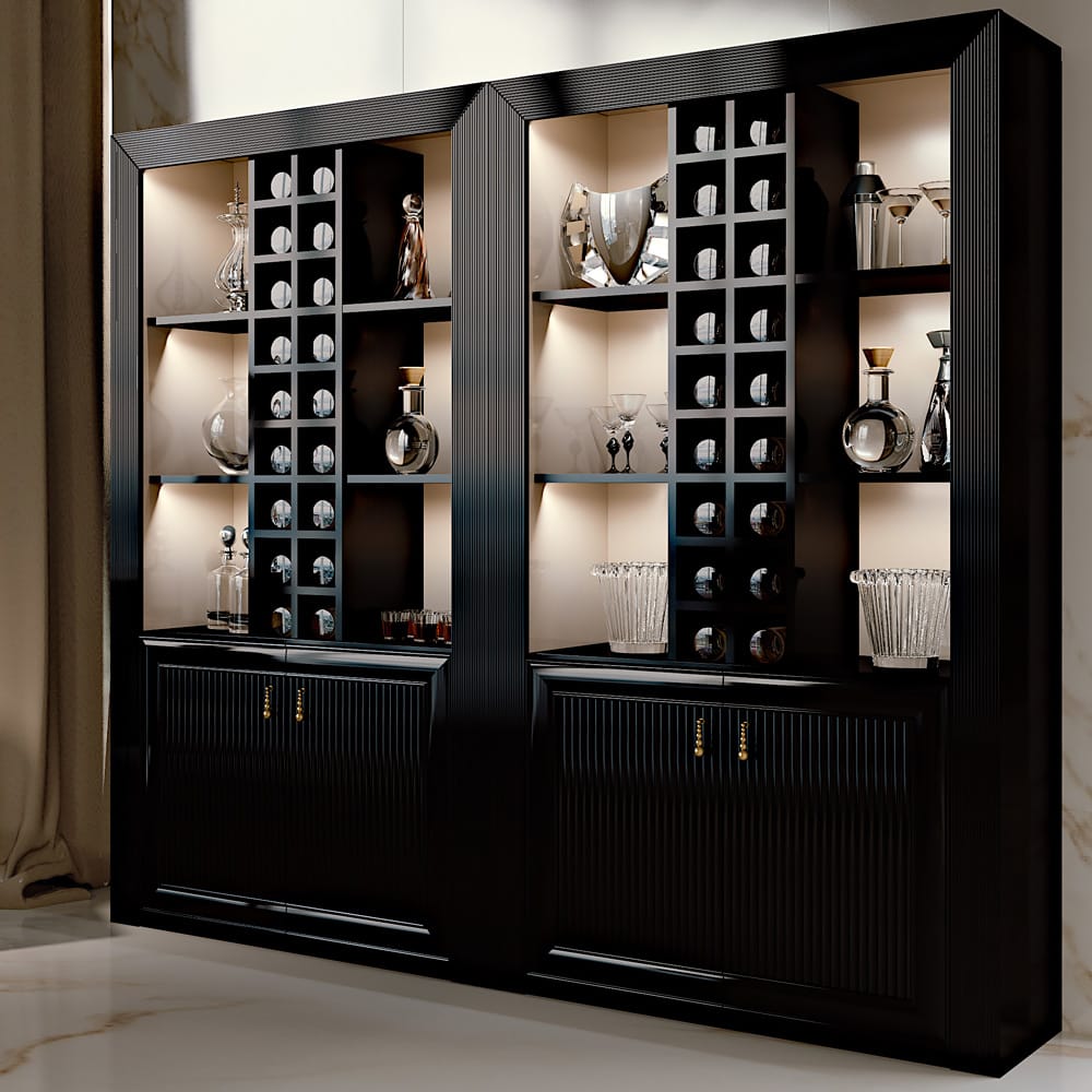statement furniture, large wine cabinet with bottle storage, shelves, cupboards, dark wood