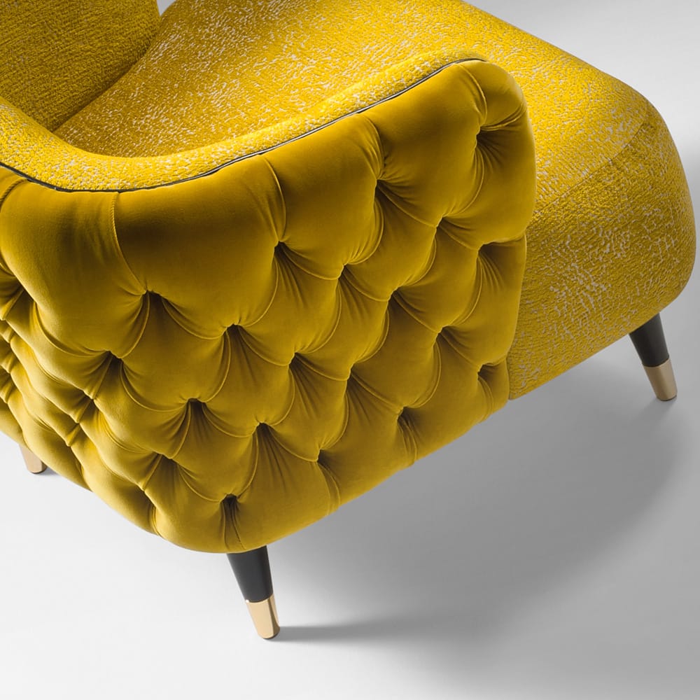 Impress the guests, tub chair with deep button back, in mustard coloured velvet and textured fabric