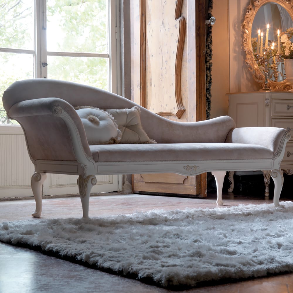 statement furniture, classic Italian chaise longue, soft pink velvet, white painted frame