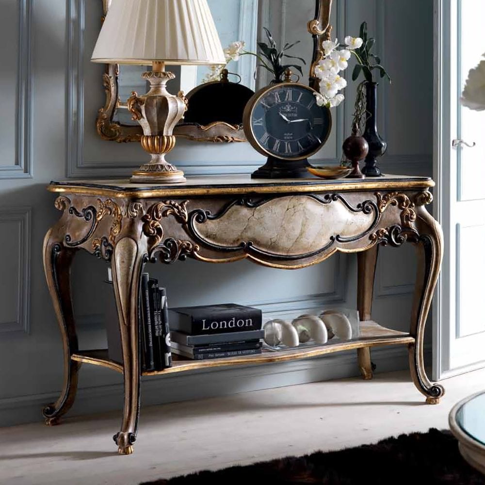 Impress the guests, classic, ornate, carved console table, wooden with antique gold finish