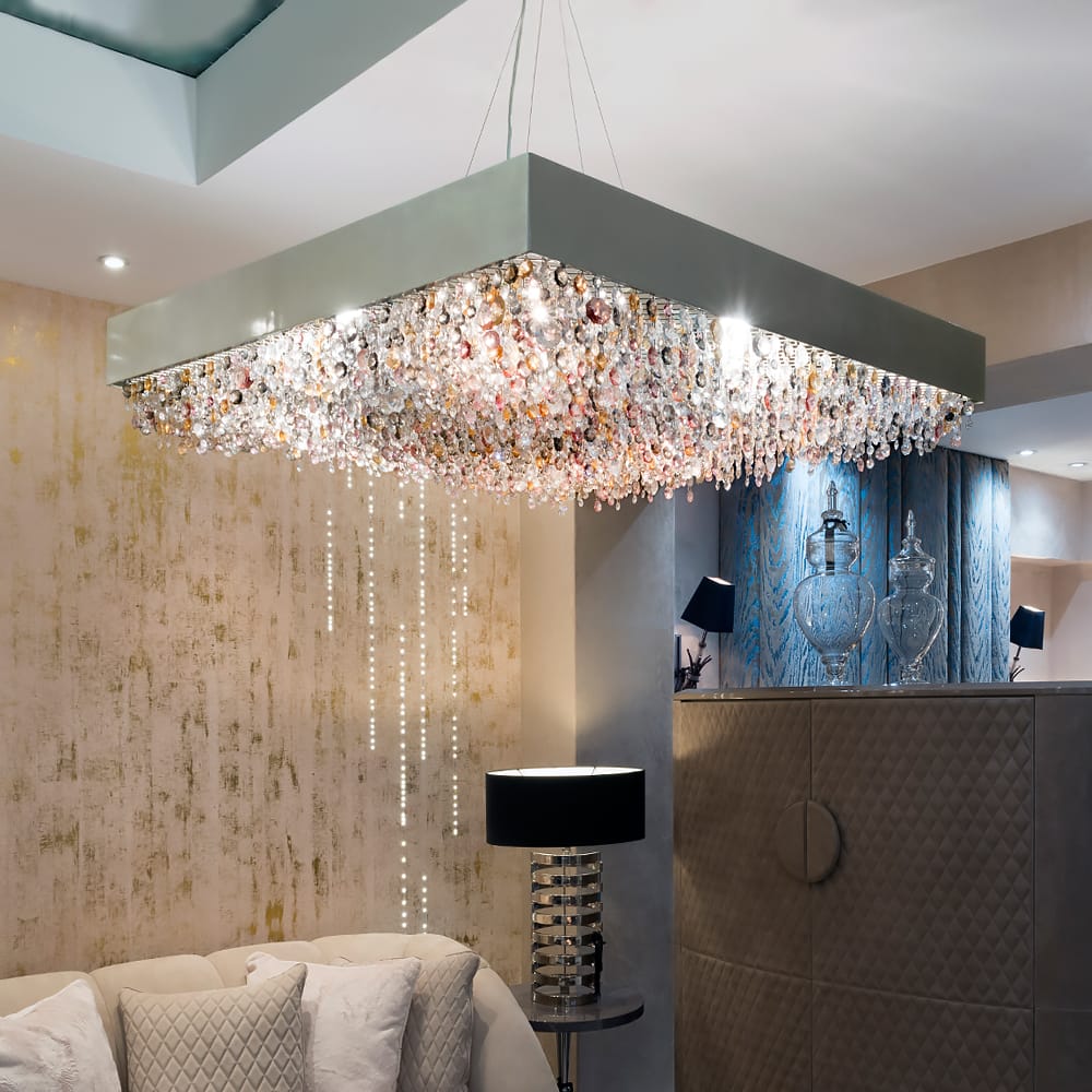 ex display square chandelier with multi coloured crystal drops