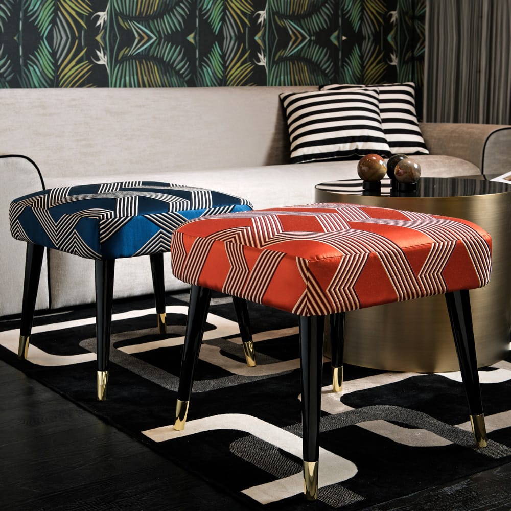 Contemporary Designer patterned silk fabric Footstool