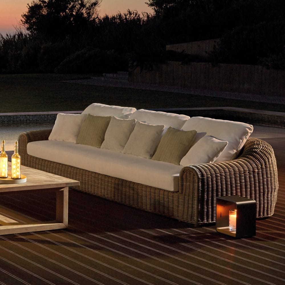 outdoor furniture, luxury wicker sofa, twilight on deck