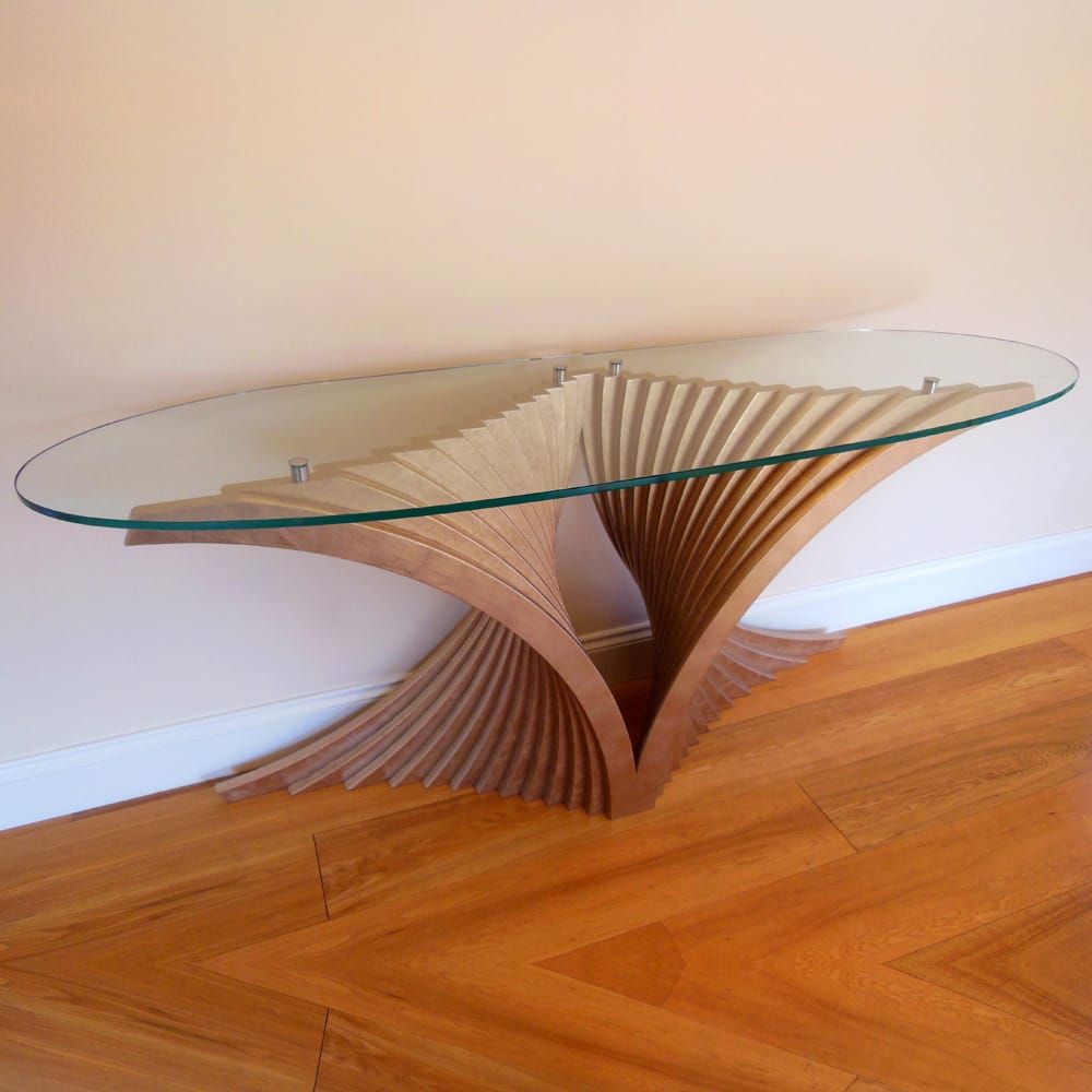 Impress the guests, modern console table, curved wood fan-shaped base with oval clear glass top