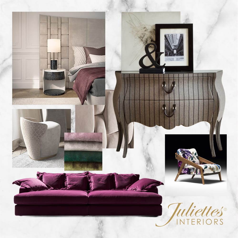 Interior Design Course, mood board, luxury furniture, fabric swatches, sofa, chairs, dressing table