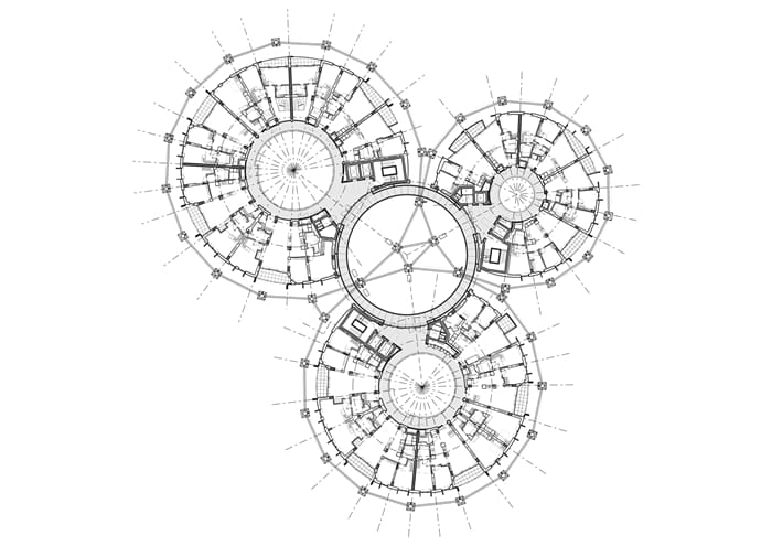 Gasholders plans showing three residential drums and central circular garden, RIBA Awards 2018