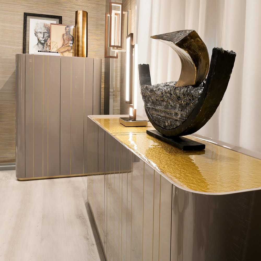 bespoke contemporary lacquered buffet inset metallic stripes gold glass top