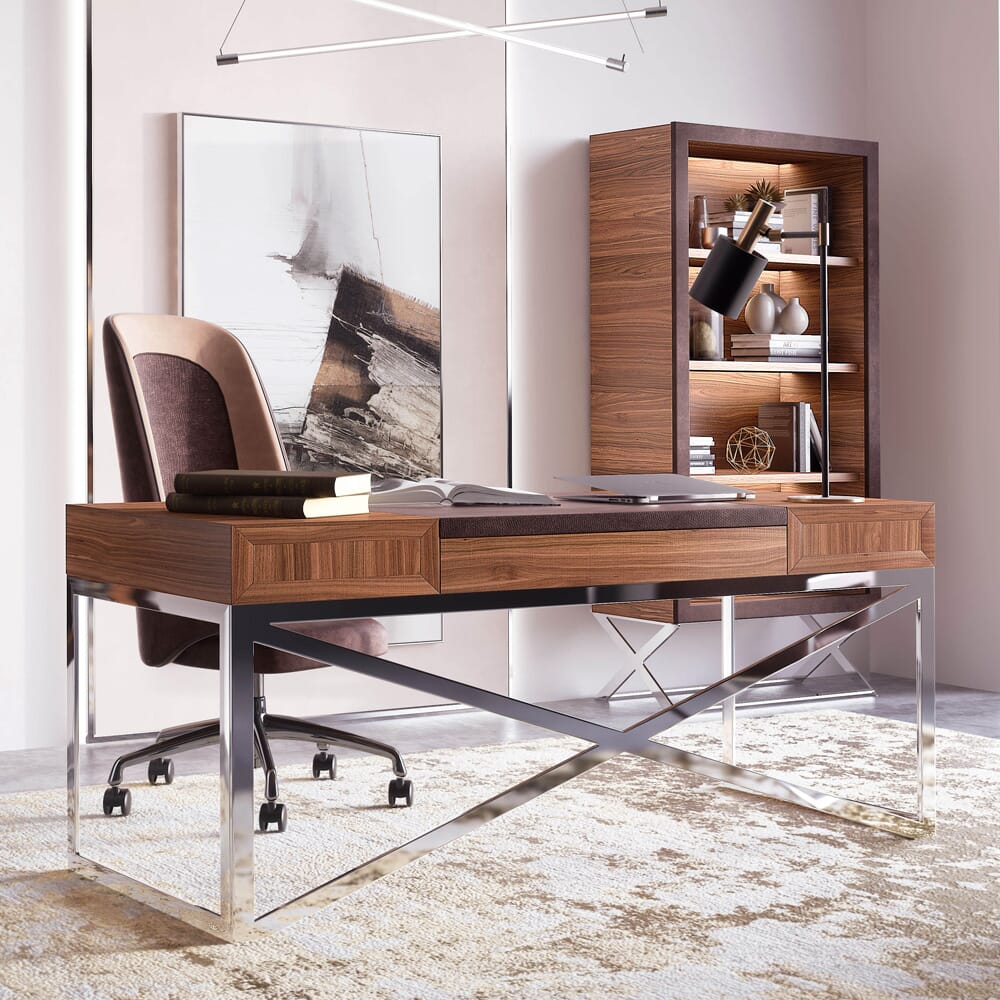 fathers day gift, modern Italian designer desk, veneer, chrome, contemporary