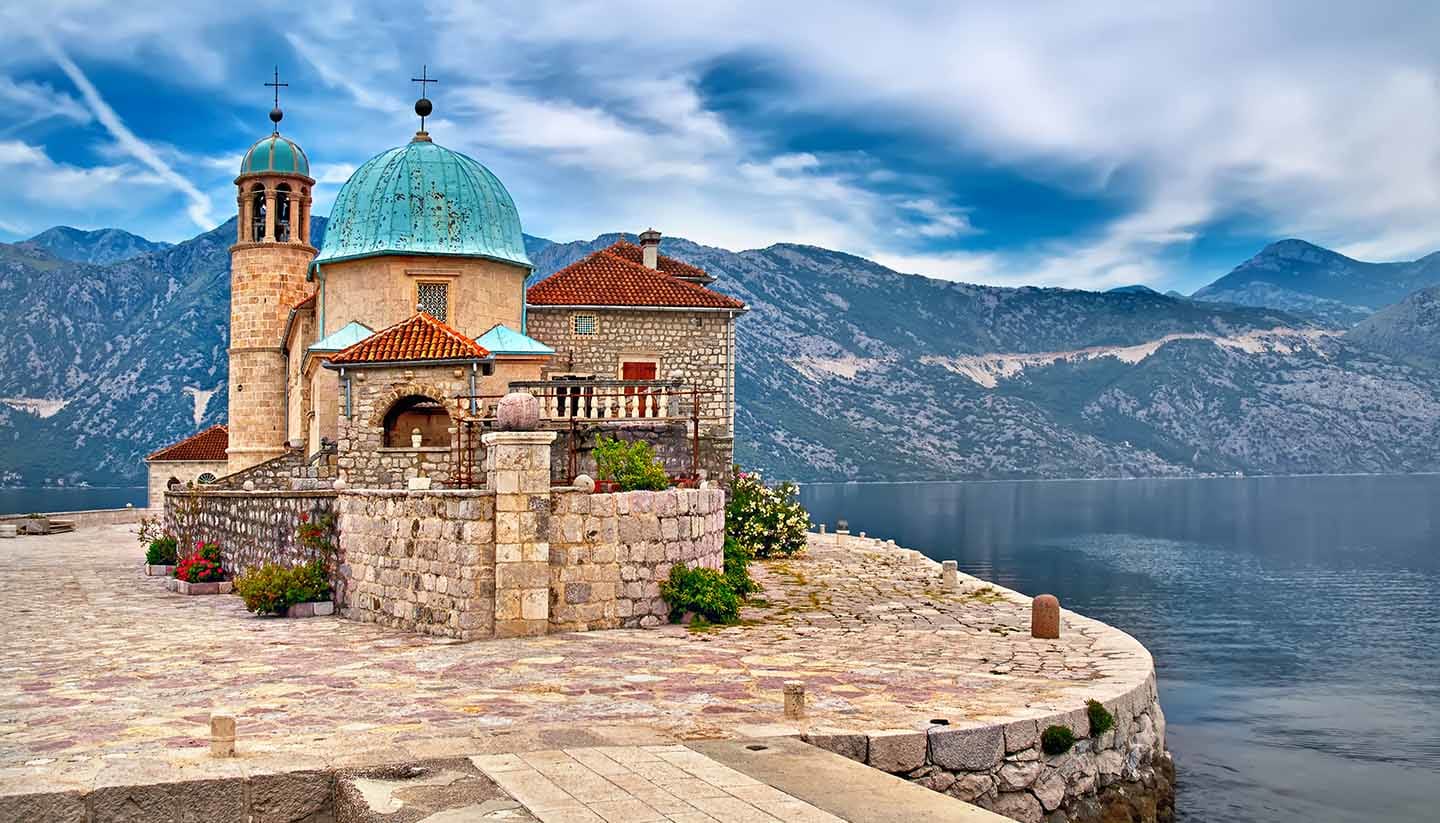 Our Lady of the Rocks Church, Montenegro, with verdigris domed roof