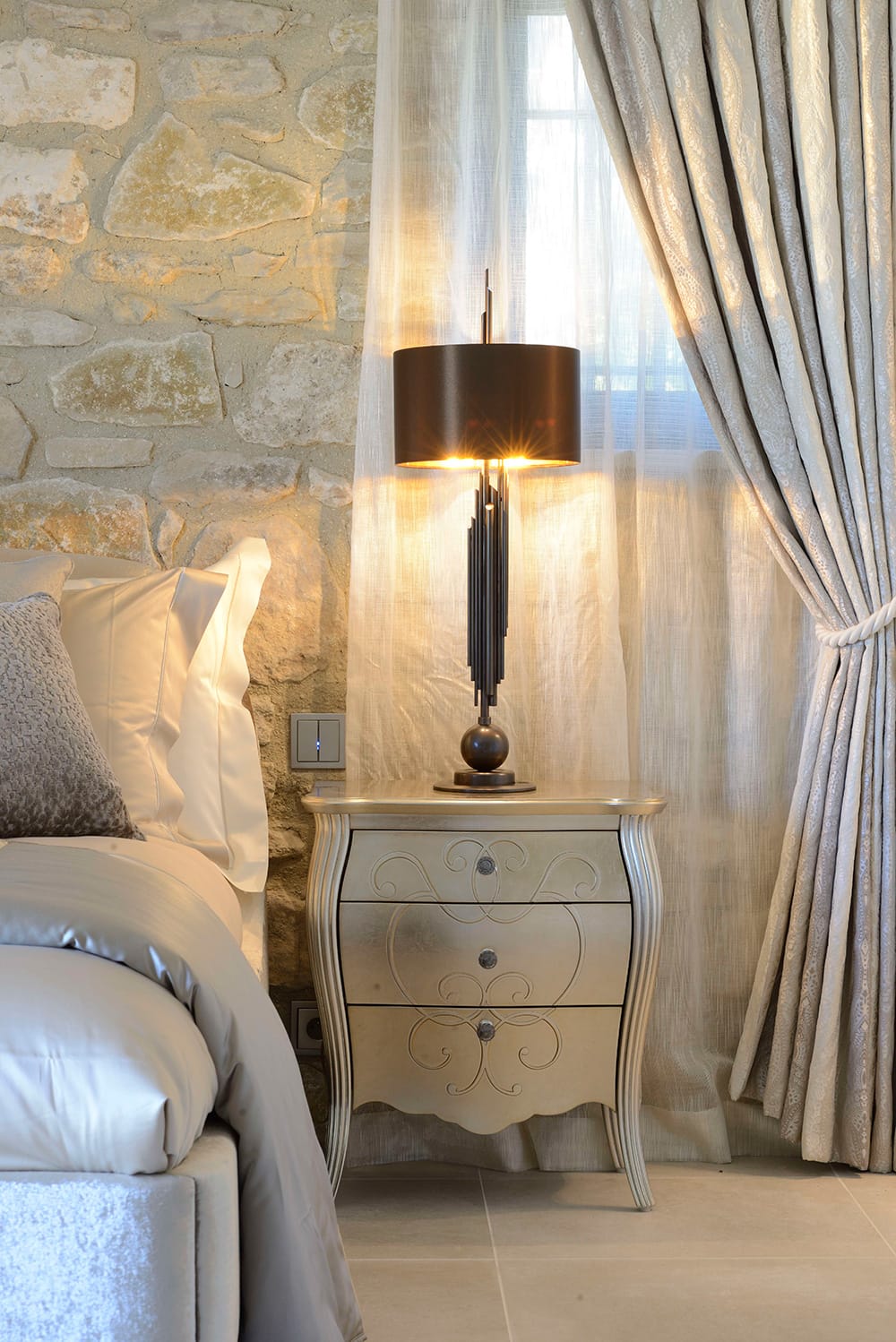 Award winning Provence villa, classic bedside table with 3 drawers, subtle swirl design, champagne leaf finish