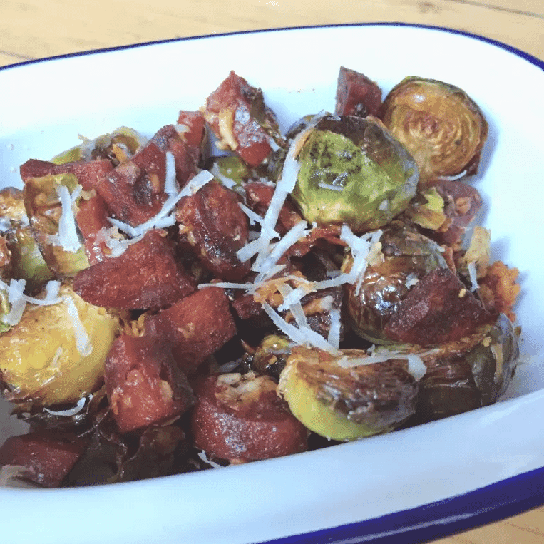 Christmas food, roasted sprouts with chorizo and parmesan