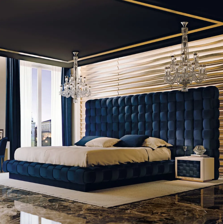 world sleep day, Italian luxury bed, wide headboard in blue woven velvet