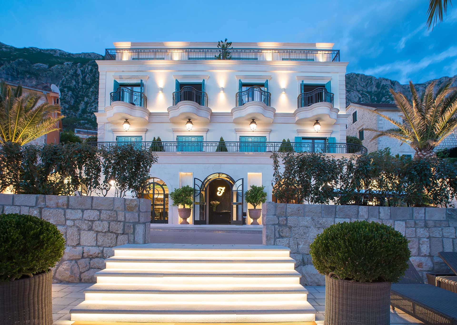 Venetian palace style frontage of Forza Terra Hotel, Montenegro