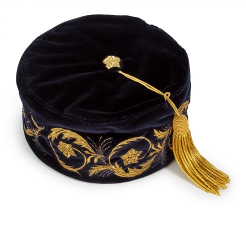 gift guide, embroidered smoking cap, navy felt with gold embroidery and tassel