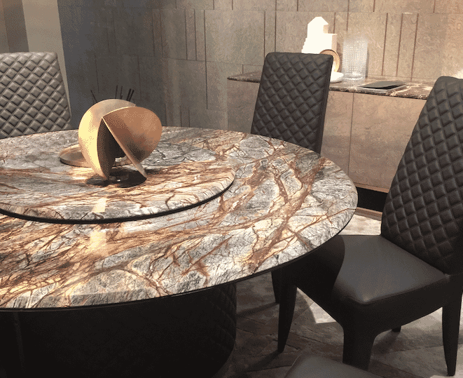 milan update round dining table lazy susan deep red veined grey marble