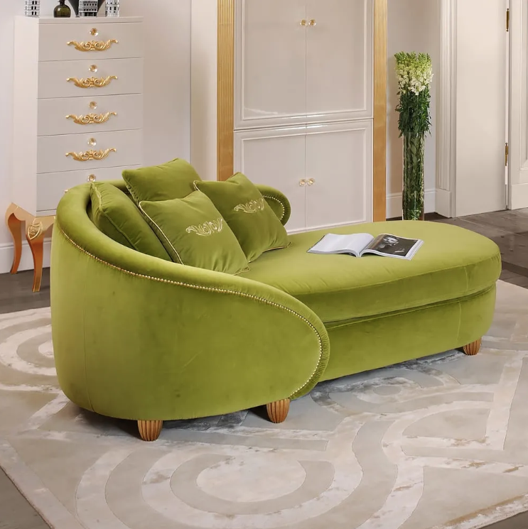 modern lime green, curved, chaise longue, velvet