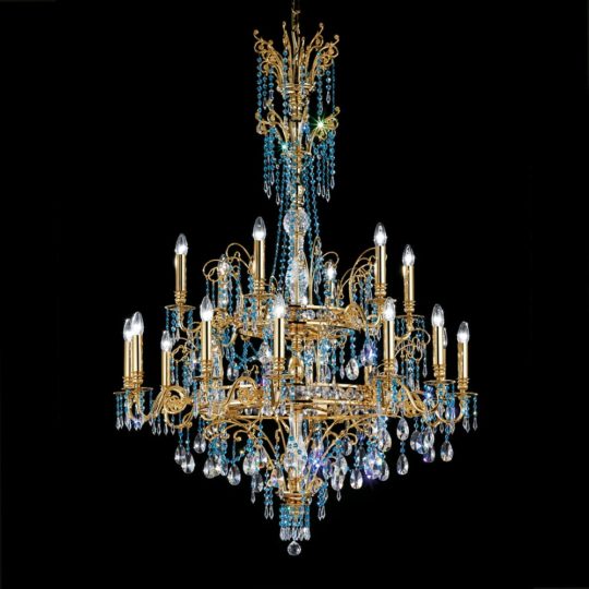 Large Blue Crystal Gold Plated Chandelier