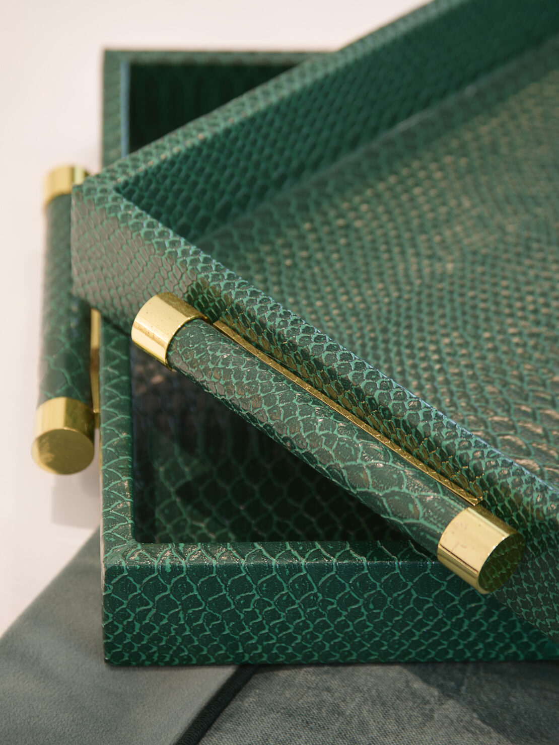 Faux snake skin, leather trays, decorative elements in interior design project for luxury London apartment