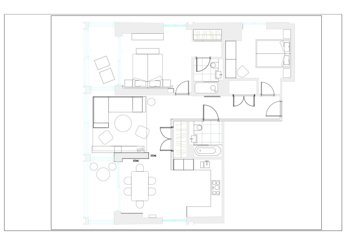 A black and white floor plan of a luxury apartment with various rooms, including a living room, kitchen, dining area, bathroom, and two bedrooms. The layout shows the placement of furniture, doors, and windows.