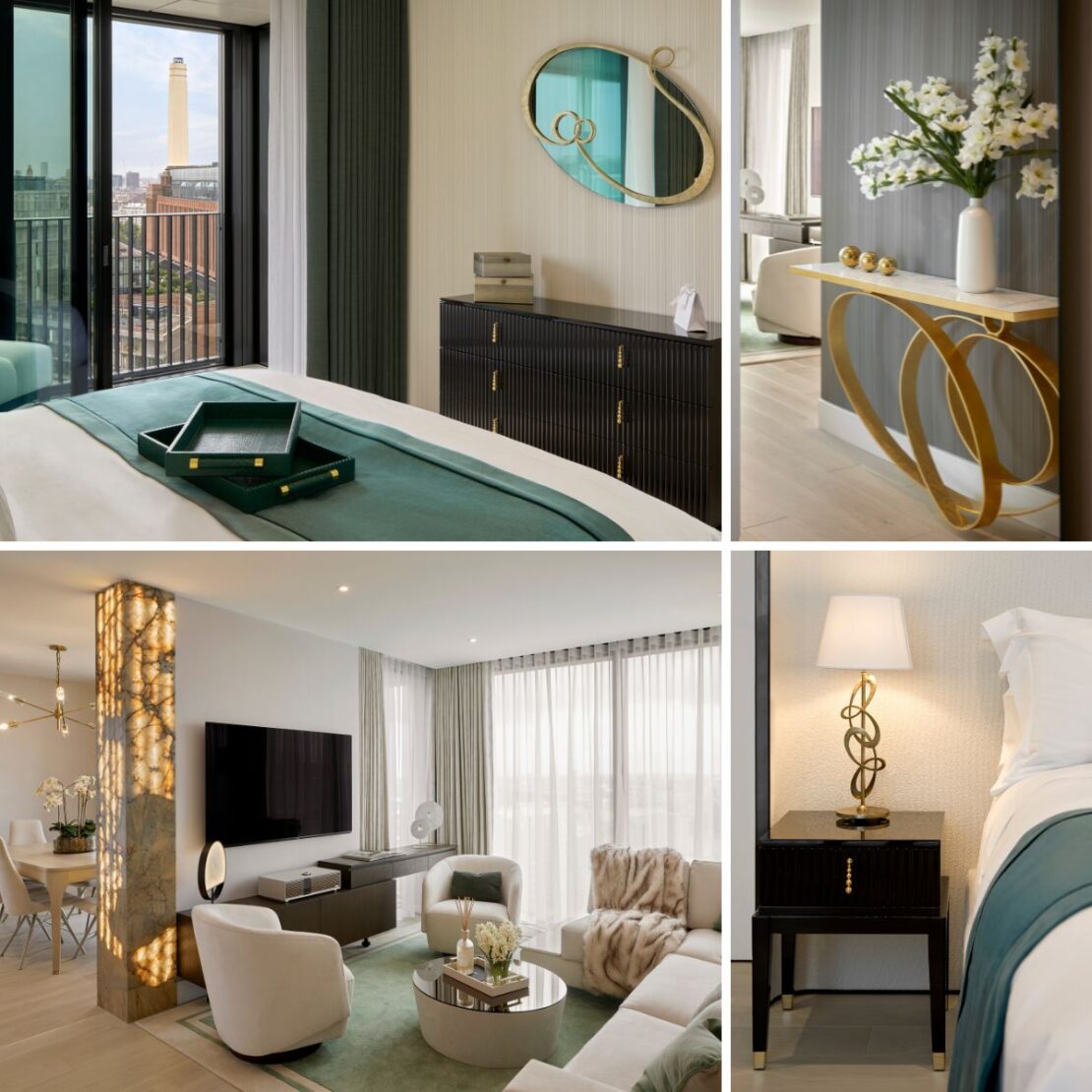 Collage of a luxury apartment suite featuring: a bedroom with a king-size bed, a view of the Washington Monument, a modern living area with a large TV and sofas, a stylish foyer table with decorative items, and a bedside table with a unique lamp and flowers.