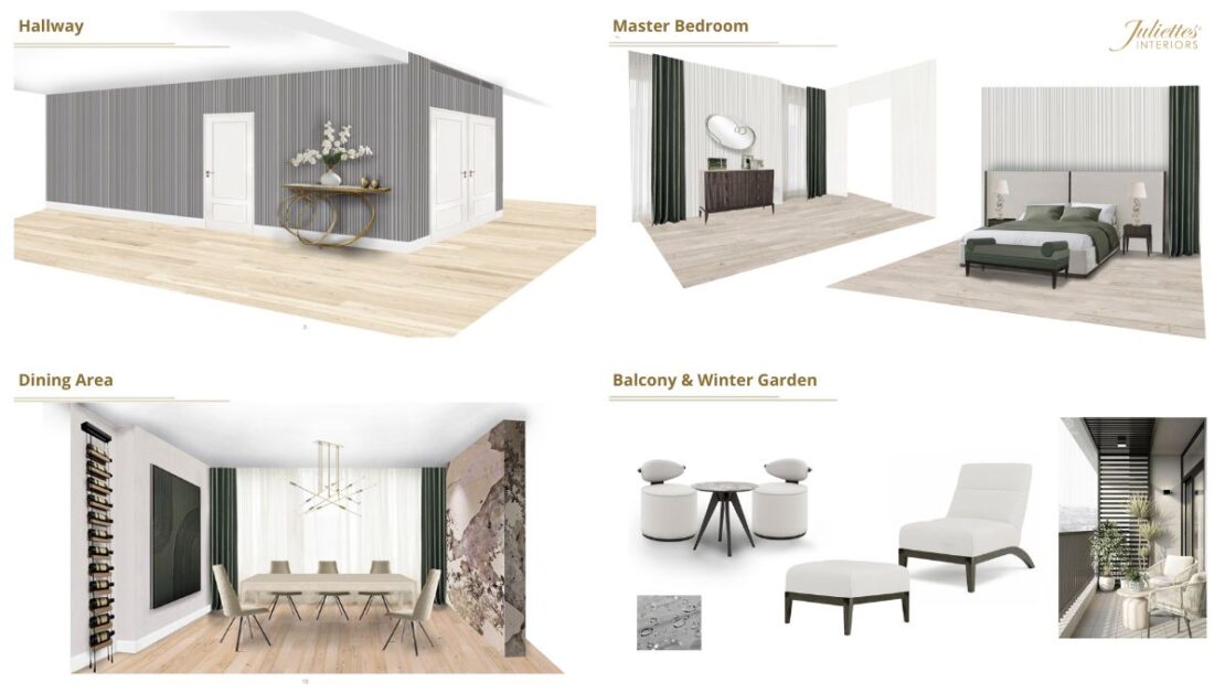 Design concepts for the luxury apartment in battersea london forhallway dining area master or primary bedroom and balcony