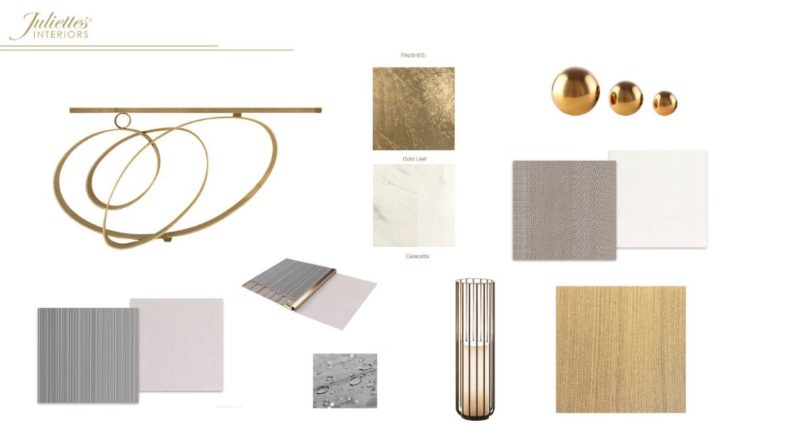 Juliettes Interiors material board for a luxury apartment showcases various finishes and textures, including gold leaf, marble, fabric swatches, metallic samples, a gold spherical sculpture, a modern chandelier, and a vertical light fixture. The logo is at the top left.