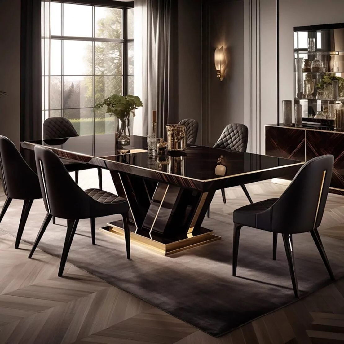 A modern, elegant dining room showcases an Exclusive Abstract Rectangular Designer Dining Table featuring gold accents. Surrounding the table are six black, upholstered chairs. Large windows emit natural light, highlighting a vase of green flowers and mirrored decor in the background. AI-designed Luxury Furniture by Juliettes Interiors