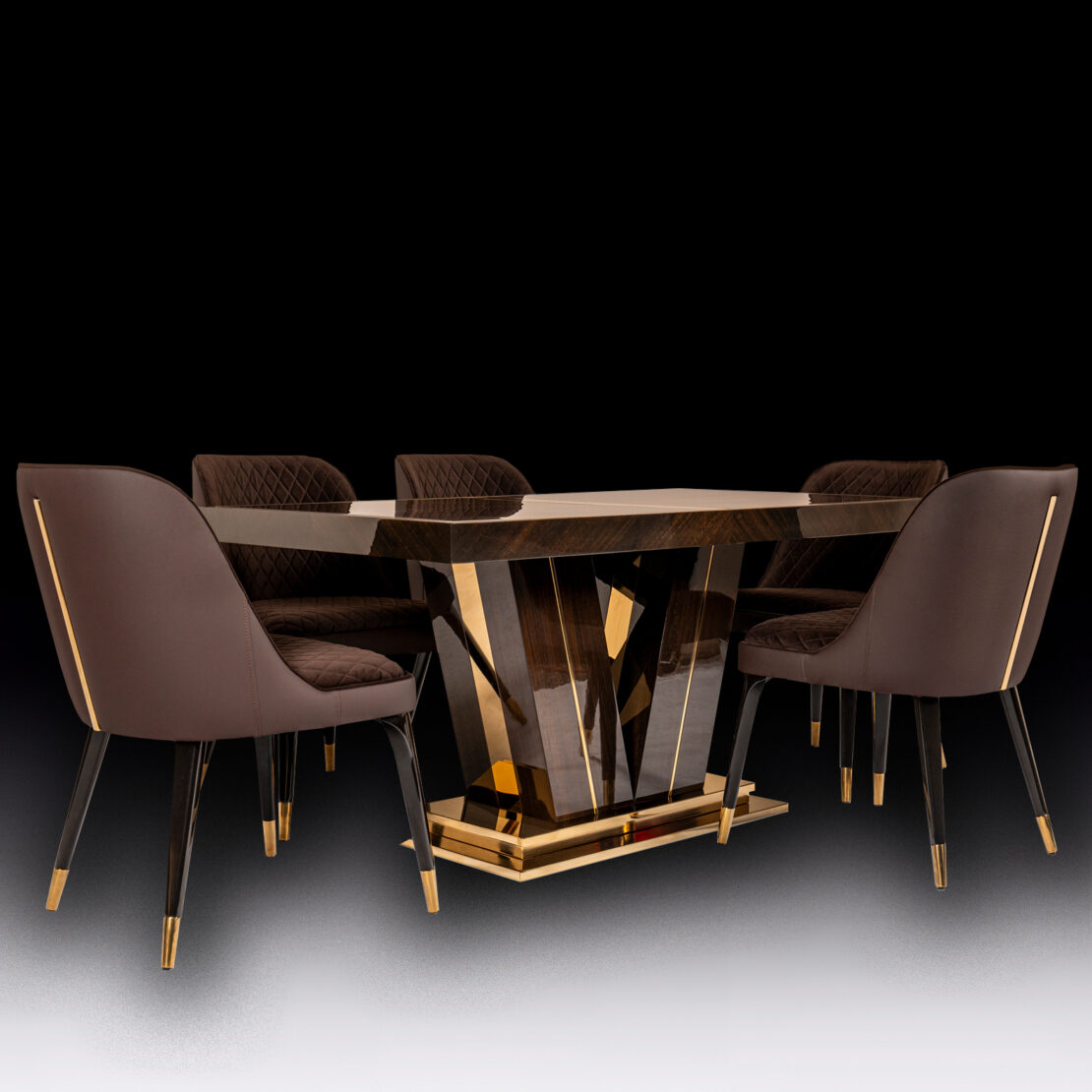 A contemporary dining set includes a spacious rectangular table, showcasing a geometric design with a glossy finish. Around it are six Exclusive Modern Quilted Dining Chairs in brown, each accented with golden details on the legs. The black background enhances the opulence of the furniture ensemble.