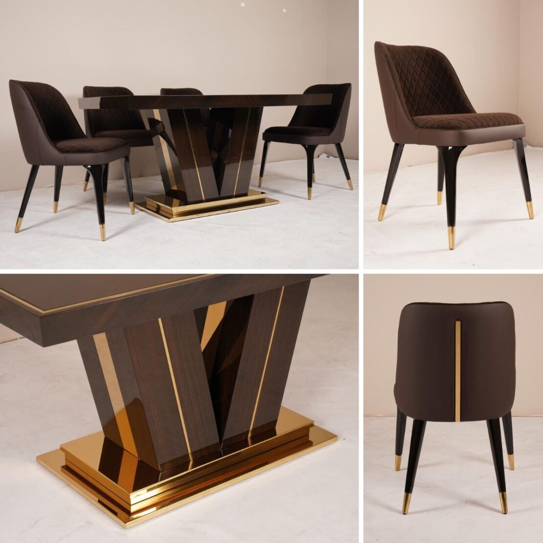 A modern dining room set, AI-designed luxury furniture, featuring a rectangular dark wood table with a bold 'V' shaped base and gold accents. Accompanied by four dark brown upholstered chairs with diamond-patterned stitching and gold-tipped legs, arranged in a minimalist room.