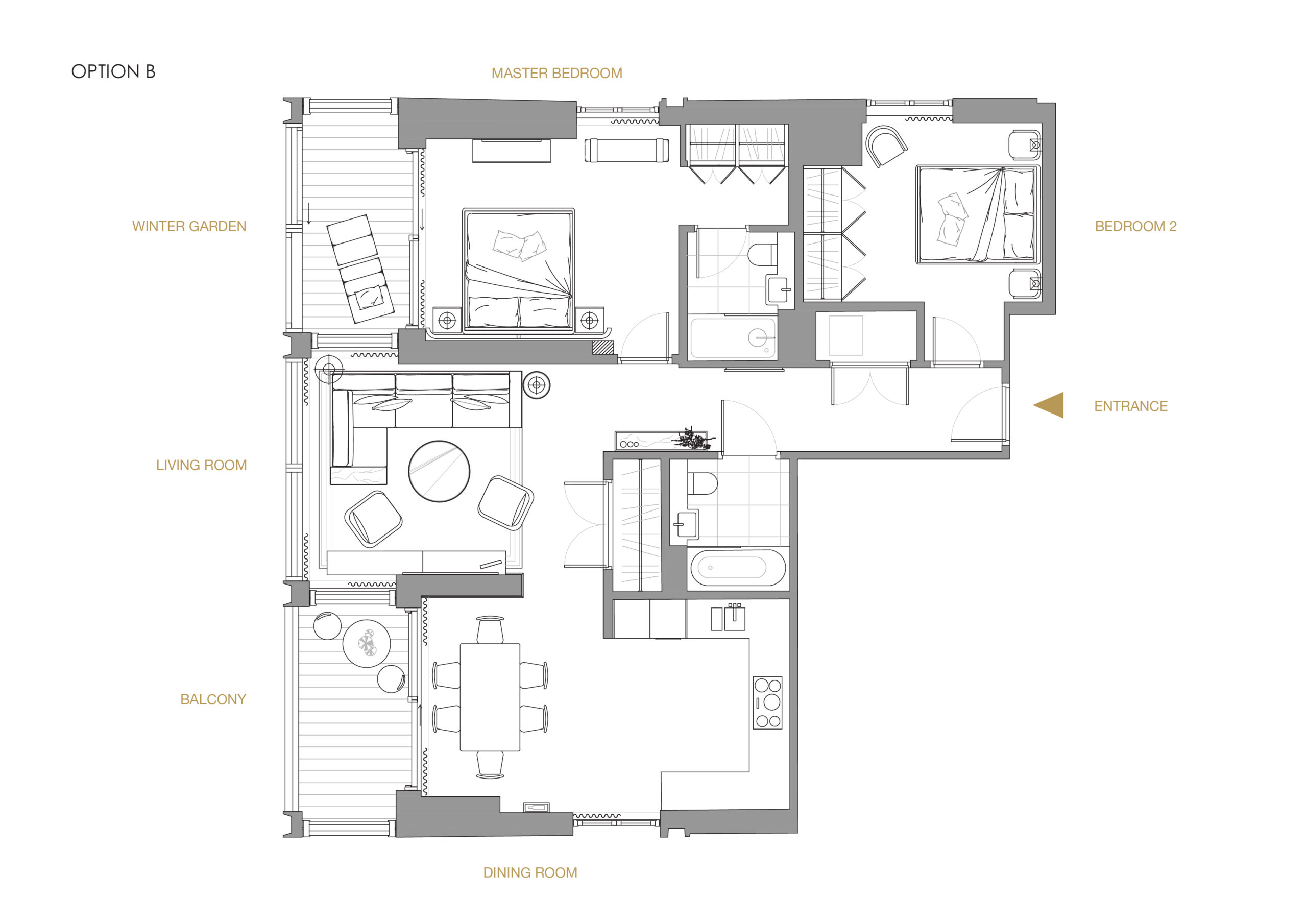 Floor plan detailed with each room in luxury apartment